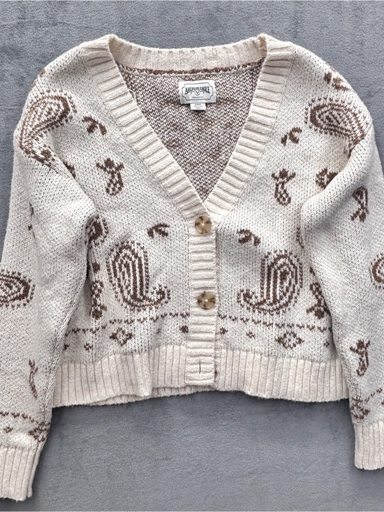 American Eagle Outfitters Sweaters - American Eagle Outfitters Cream and Brown Paisley V-Neck Button Cardigan